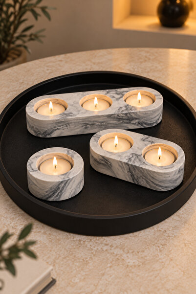 7Light Atelier 3'lü Dekoratif Tealight Mum Seti | Siyah Mermer Desenli Mumluk...