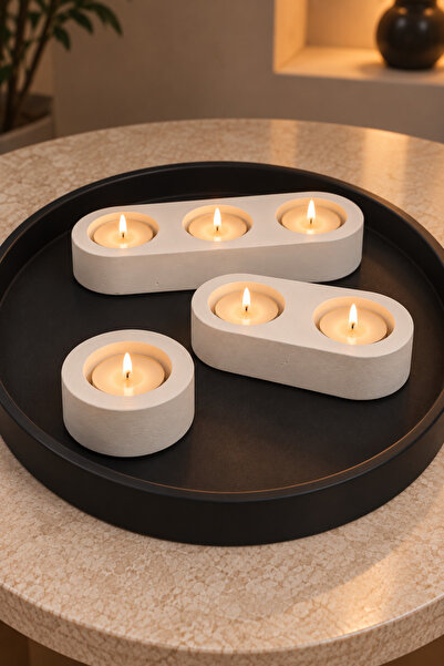 7Light Atelier 3'lü Dekoratif Tealight Mum Seti | Mermer Desenli Mumluk | Tea...