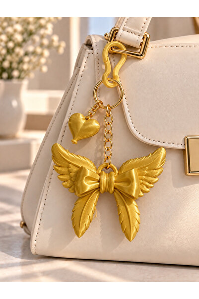 Store Gold Melek Kanatlı Fiyonk Çanta Süsü Anahtarlık Gold Zincirli Kalp Char...