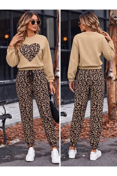 Kadın Leopar Desenli Kalp Baskılı Uzun Kollu Pijama Takımı