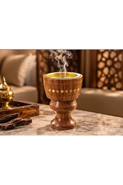 Generic Brand مبخرة خشب كأس بتطعيم نحاسي وحوض معدني - مبخرة عود وبخور للمنزل ...