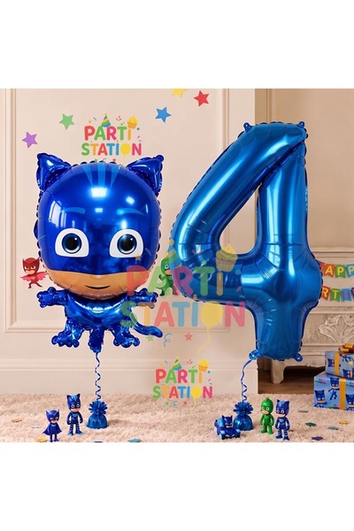 Parti Station Pijamaskeliler Kedi Çocuk Balon 4 Yaş Doğum Günü Set PjMasks Ko...