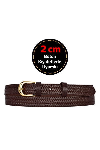 GoDeri 100% Genuine Leather, 2 cm Dark Brown Knitted Patterned Women's Belt w...