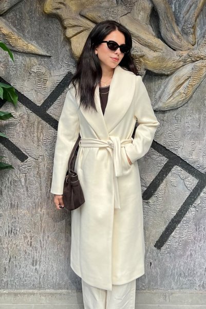 thesunfyre Women's Lined-Belted Slit Detailed Regular Fit Wool Cashmere Coat Sun169