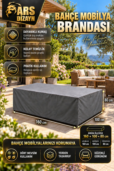 ARS DİZAYN Bahçe Mobilya Koruma Örtüsü Branda 160x100x80 Cm Su Geçirmez
