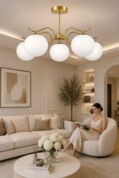ESSLİGHT Alara 5’li Eskitme Plafonyer Beyaz Camlı Avize Salon Mutfak Yatak Odası