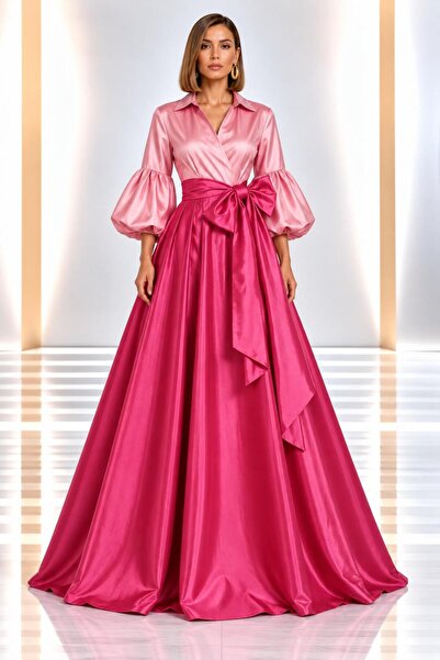 SERAVENZA COUTURE فستان قميص أنيق بأكمام بالون كبيرة الحجم ولونين COU-24