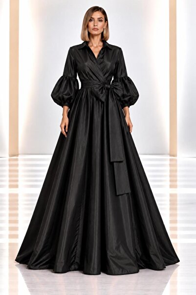 SERAVENZA COUTURE Maksi Boy Balon Kollu Şık Gömlek Elbise COU-22