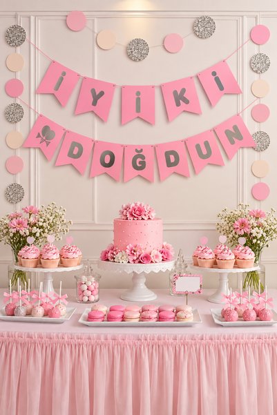 Parti dolabı Pembe üzerine Gümüş Doğum Günü Süsü İyi Ki Doğdun Yazı Banner Iy...