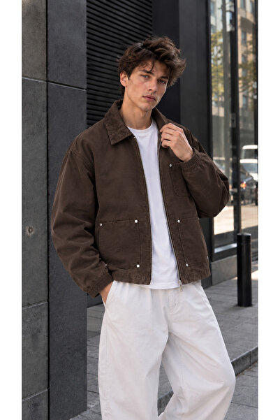 ONUR ERBİL MODA Erkek Kadife Yaka Detaylı Fermuarlı Worker / Canvas Mont