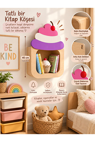 Cupcake Ahşap Duvar Rafı | Çocuk Odası Dekoratif Kitap ve Oyuncak Rafı | Montessori Duvar Rafı