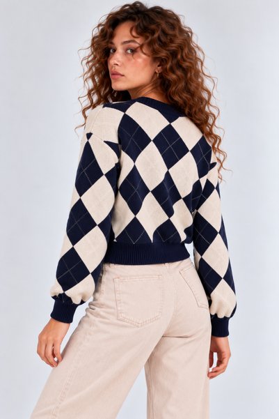 Lintersia Women's Navy Blue-Cream Diamond Patterned Buttoned Knitwear Cardigan