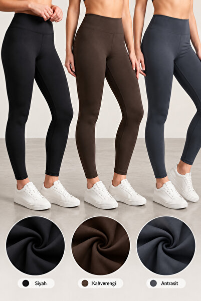 Slim Fit 3lü Paket Koyu Kahverengi-Siyah- antrasit Kadin Tayt