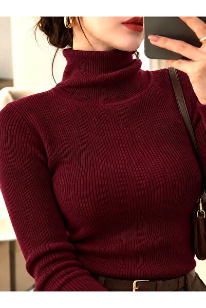 LUPERCUS pulover unisex din tricotaj bordo, cu guler înalt, croială slim