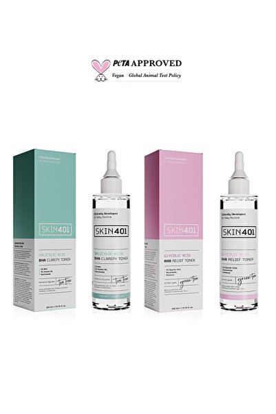 Skin401 Tonik 2'li Bakım Seti (%2 Salisilik Asit BHA + %5 Glikolik Asit AHA | Gözenek Arındırıcı, Siyah Nokta ve Leke Karşıtı)