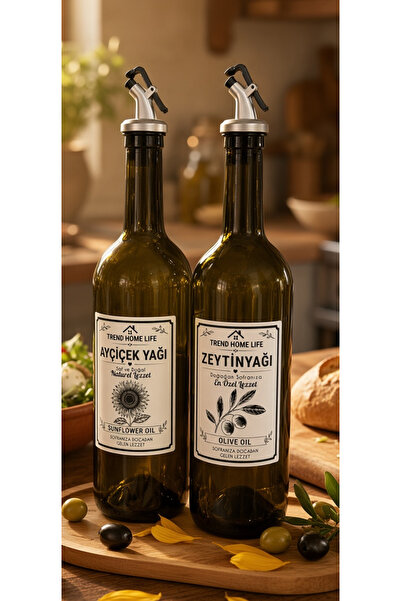 Trend Home Life Ahşap Stant Hediyeli 2 Li Amber Cam 750 ml Zeytinyağı Ve Ayçiçekyağı Yağlık Yağdanlık Şişesi