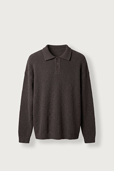 ablukaonline Erkek Oversize Polo Yaka Düğmeli Fitilli Triko Kazak Kahverengi
