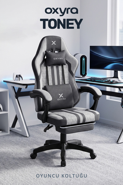 OXYRA Toney Premium Ergonomik Terletmez Kumaş | Ayak Destekli Gri Oyuncu Koltuğu