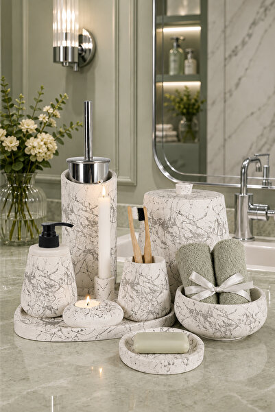 betonmall 11 Parça Mermer Desenli Beton Banyo Seti – Sabunluk, Diş Fırçalık, ...