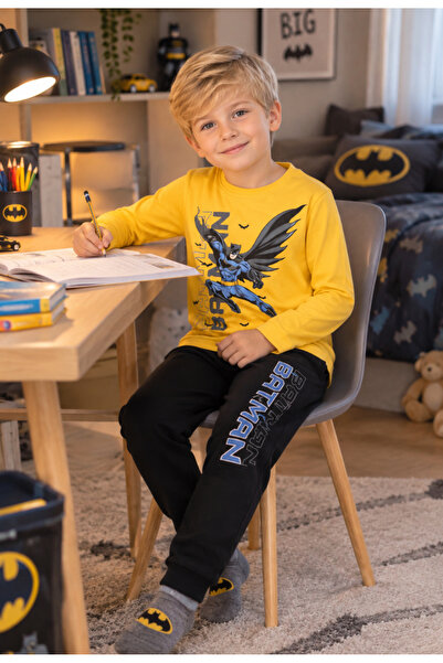 Batman Erkek Çocuk Baskılı Uzun Kollu Pijama Takımı Sarı Siyah Likralı Penye