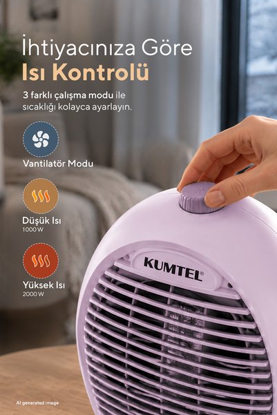 KUMTEL 2000 W 3 Kademeli Sıcak-Soğuk Üflemeli Elektrikli Fanlı Isıtıcı Lila LX-6331