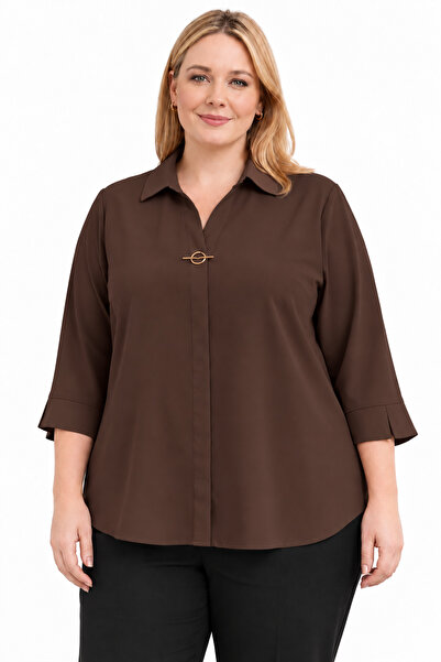 AYHAN 81592 Large Size Crepe Blouse with Three Quarter Sleeve Brooch