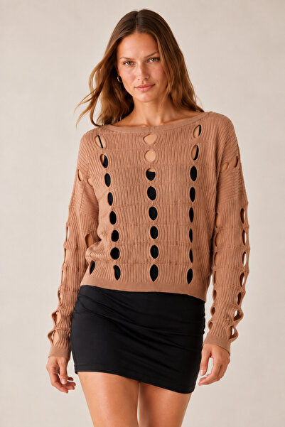 LOOSH Kadın Camel Bisiklet Yaka Cut Out Detaylı Mevsimlik Bluz