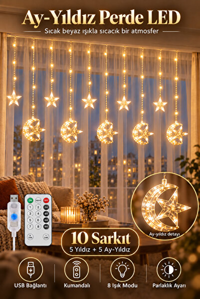 ALFAGİFT Ay Yıldız LED Perde Işığı USB Kumandalı 8 Modlu 10 Sarkıt Sıcak Beya...