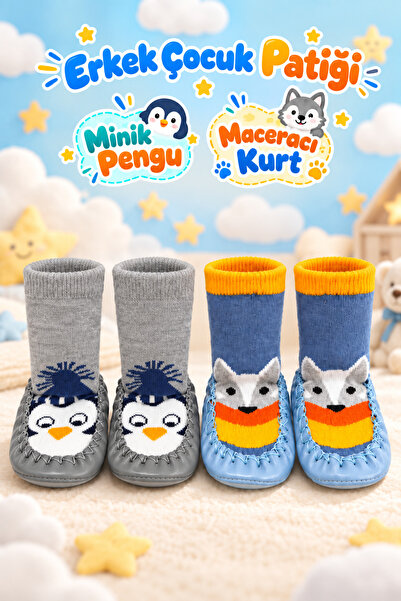 Bermody 2'li Kaydırmaz Deri Taban (Minik Pengu-Maceracı Kurt) Rahat Bebek Çoc...