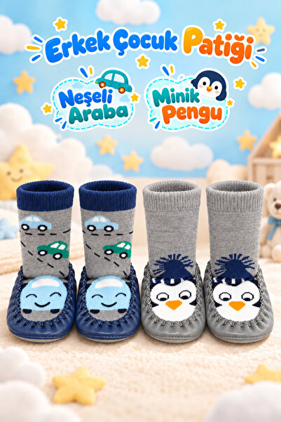 Bermody 2'li Kaydırmaz Deri Taban (Minik Pengu - Neşeli- Araba) Rahat Bebek Ç...