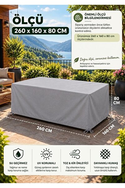 Bahçe Masa Brandası 260x160x80 Cm Su Geçirmez UV Korumalı Dayanıklı Masa Sandalye Takımı Dış Mekan Koruma Örtüsü