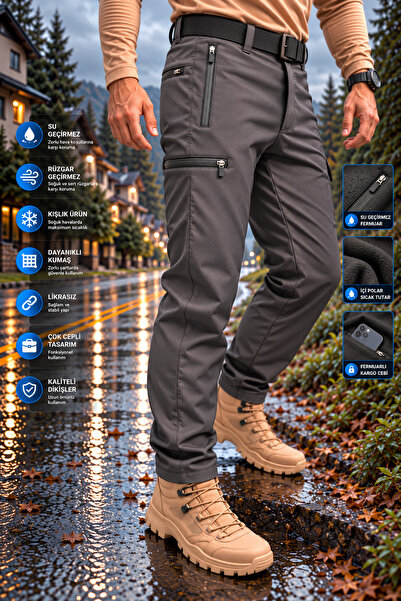 Polviton Softshell Erkek Kargo Pantolon İçi Polarlı Su Ve Rüzğar Geçirmez Kal...