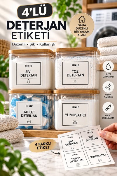 grimorlife 4’lü Deterjan Etiketi Sticker Seti – Sıvı, Toz, Tablet Deterjan ve Yumuşatıcı Düzenleyici Etiket