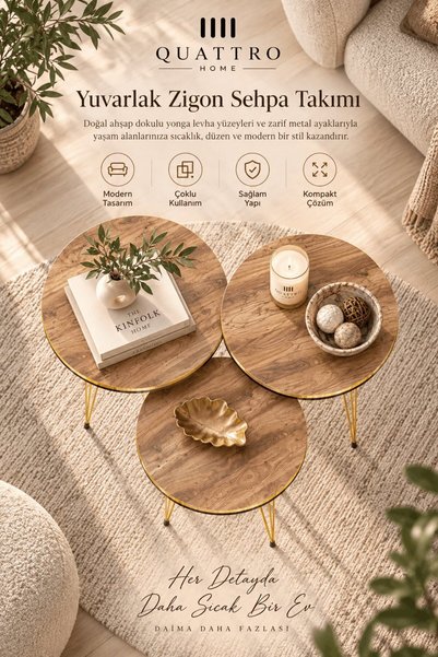 QUATTRO HOME Ceviz Desenli Gold Metal Ayaklı 3'lü Zigon Sehpa Takımı
