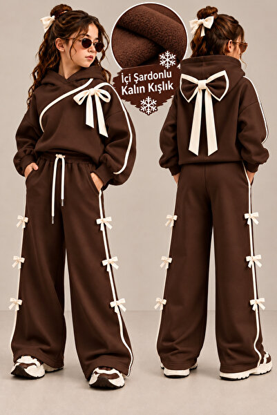 ELAFOR Three-Threaded Ribbon Detailed Hooded Tracksuit Set for Girls, Top and...