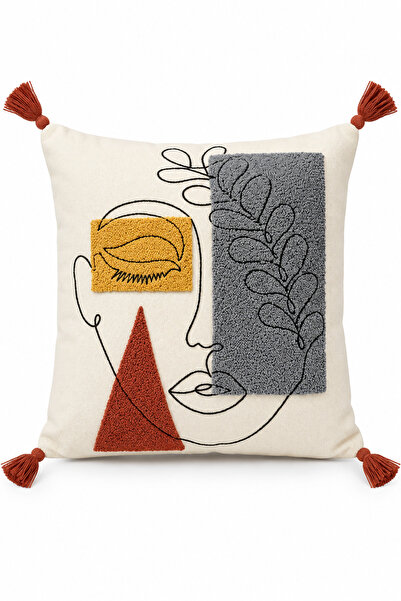Valmia Home Modern Soyut Yüz Desenli Bordo Püsküllü Punch Nakışlı Pamuklu Dok...