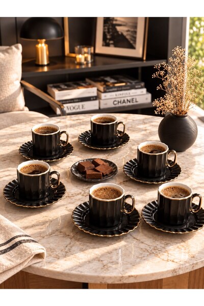 Onedekor 6-Person Porcelain Noir Black Gold Coffee Cup