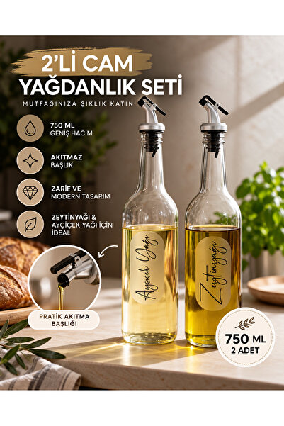 zezedesing 2’li Cam Yağdanlık Seti 750 ml Zeytinyağı ve Ayçiçek Yağı Şişesi A...
