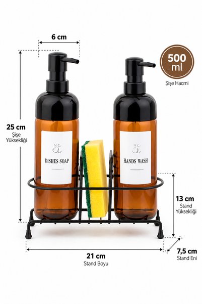 Porsima S-1271 Set of 2 Liquid Soap Dispensers with Metal Stand 500 ml – Dishwashing Liquid and Hand Soap Dispenser for Kitchen Sink