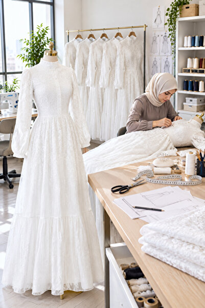 Muslima Wear Perla Bianca Çiçek Desenli Inci Düğme Detaylı Kadın Elbisesi