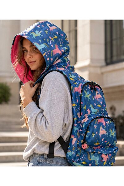 Unisex Su Geçirmez Unicorn Tasarımlı Çıkarılabilir Kapüşonlu Sırt Çantası