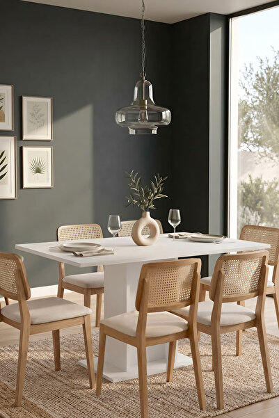 Yurupa Alveros 6 Kişilik Dikdörtgen Yemek Masası Mutfak Masası Beyaz 80x120 c...