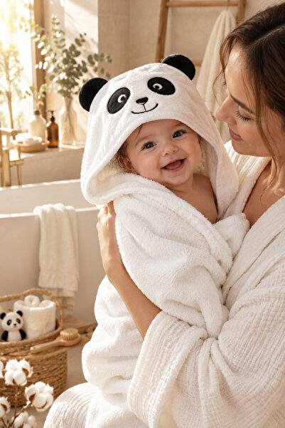 Tomuycuk %100 Pamuklu & Başlıklı Bebek Banyo Havlusu - Panda Nakışlı & Havlu-...