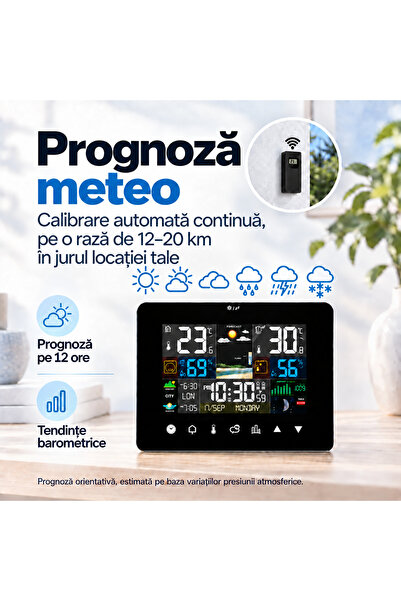 OEM Statie Meteo Digitala cu Senzor Exterior Wireless, Ecran Tactil Color 5 inch, Termometru si Higrometru Interior - Exterior, Barometru, Prognoza Meteo 12h, Ceas si Alarma, Negru
