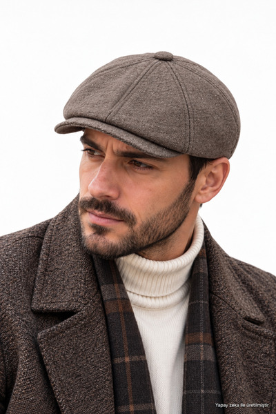 ZERAMİNE Erkek Kaşe Kasket Bej 8 Parça Kışlık İngiliz Model Newsboy Şapka Kep
