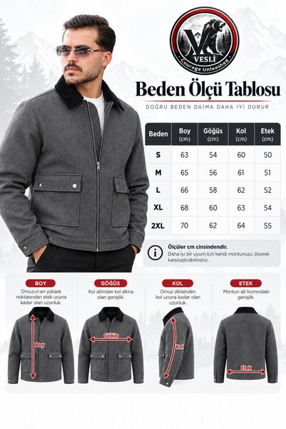 Vesli Men's Gray Premium Cashmere Coat – Contrast Velvet Collar, Zipper Snap Detail
