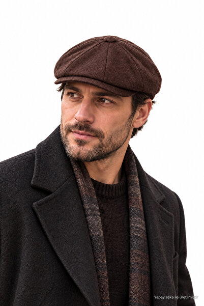 ZERAMİNE Erkek Kaşe Kasket Kahverengi 8 Parça Kışlık İngiliz Model Newsboy Şa...