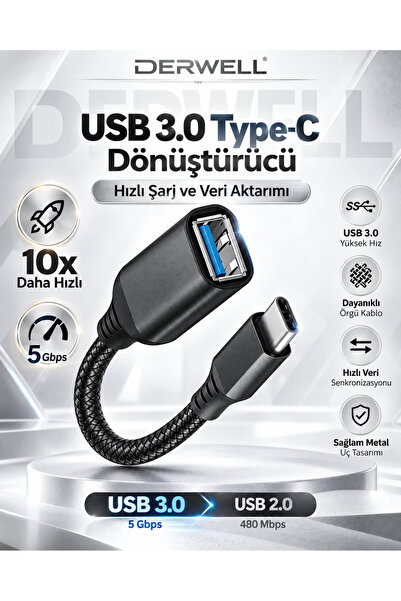 Derwell Yüksek Hızlı Veri Aktarma Usb 3.0 Otg To Type-C Data Şarj Çevirici Dö...