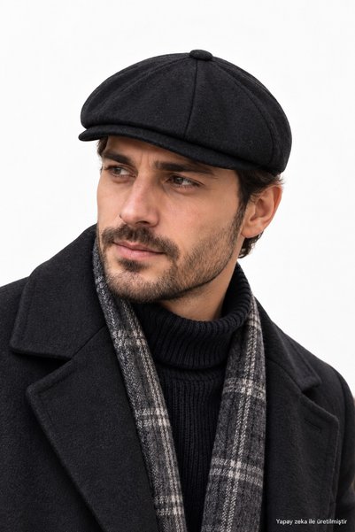 ZERAMİNE Erkek Kaşe Kasket Siyah 8 Parça Kışlık İngiliz Model Newsboy Şapka Kep