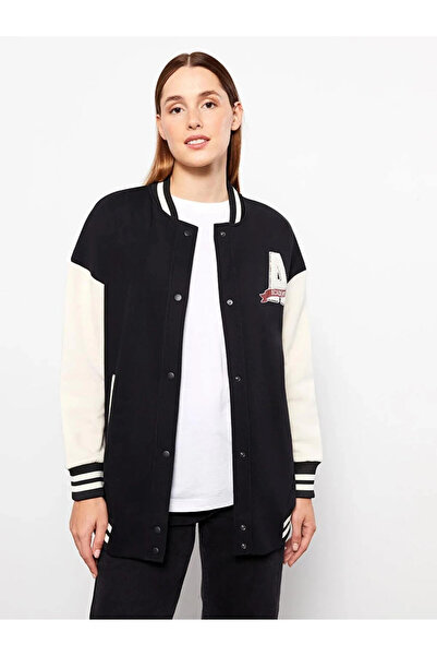 LC Waikiki LCW Modest Siyah Bomber Yaka Nakışlı Kadın Kolej Ceket